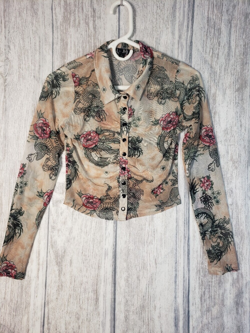 Vintage Y2K Dragon & Floral Mesh Ruched Crop Top Long Sleeve J For Justify Small